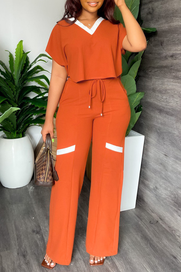 Orange Casual Solid Patchwork V Neck Short Sleeve Two Pieces