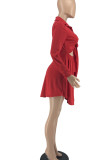 Red Sexy Solid Bandage Hollowed Out Patchwork Buckle Turndown Collar A Line Dresses
