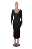 Red Casual Solid Patchwork V Neck Pencil Skirt Dresses