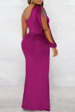 Fuchsia Sexy Casual Solid Backless Slit Oblique Collar Long Sleeve Dresses