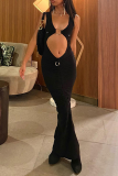 Black Sexy Solid Hollowed Out V Neck Pencil Skirt Dresses
