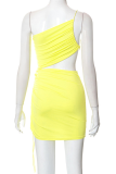 Yellow Sexy Solid Fold One Shoulder Pencil Skirt Dresses