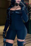 Black Sexy Street Solid Patchwork Square Collar Skinny Rompers
