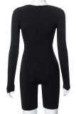 Black Sexy Street Solid Patchwork Square Collar Skinny Rompers