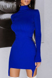 Deep Blue Casual Solid Patchwork Asymmetrical Turtleneck Pencil Skirt Dresses