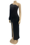 Fuchsia Sexy Casual Solid Backless Slit Oblique Collar Long Sleeve Dresses