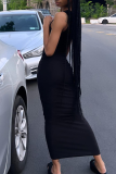 Black Sexy Solid Hollowed Out V Neck Pencil Skirt Dresses