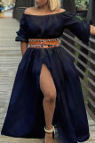 White Casual Solid Patchwork Slit Fold Off the Shoulder Straight Dresses(Without Belt)