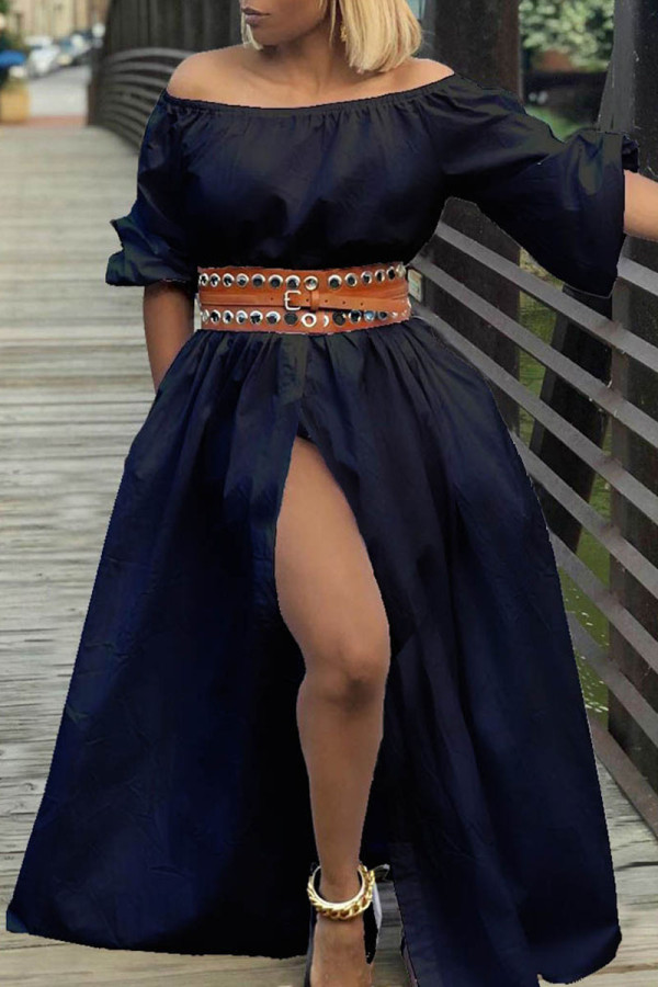 Black Casual Solid Patchwork Slit Fold Off the Shoulder Straight Dresses(Without Belt)