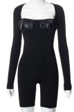 Black Sexy Street Solid Patchwork Square Collar Skinny Rompers