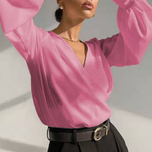 Pink Casual Solid Patchwork Buckle V Neck Tops