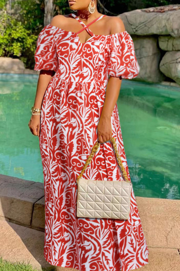 Tangerine Casual Print Patchwork Halter Cake Skirt Dresses(There will be color difference, mind carefully ordering)