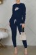 Tibetan Blue Casual Print Letter O Neck Long Sleeve Two Pieces