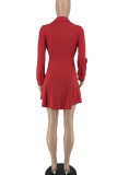Red Sexy Solid Bandage Hollowed Out Patchwork Buckle Turndown Collar A Line Dresses