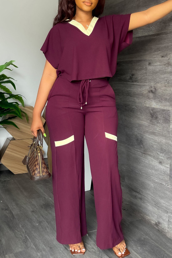 Purple Casual Solid Patchwork V Neck Short Sleeve Two Pieces