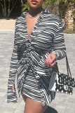 Black Sexy Striped Print Patchwork Buckle Turndown Collar Long Sleeve Two Pieces