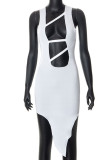 White Sexy Solid Patchwork Asymmetrical Asymmetrical Collar Irregular Dress Dresses