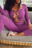 Purple Sexy Solid Hollowed Out Square Collar Long Sleeve Two Pieces