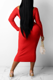 Red Casual Solid Patchwork V Neck Pencil Skirt Dresses