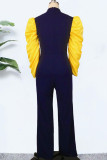 Blue Casual Elegant Solid Patchwork Fold Half A Turtleneck Straight Jumpsuits