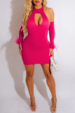 Red Sexy Solid Hollowed Out Backless Halter Long Sleeve Dresses (With Sleeves)