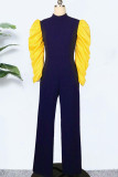 Blue Casual Elegant Solid Patchwork Fold Half A Turtleneck Straight Jumpsuits