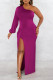 Fuchsia Sexy Casual Solid Backless Slit Oblique Collar Long Sleeve Dresses