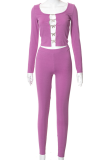 Purple Sexy Solid Hollowed Out Square Collar Long Sleeve Two Pieces