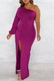 Fuchsia Sexy Casual Solid Backless Slit Oblique Collar Long Sleeve Dresses