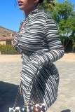 Black Sexy Striped Print Patchwork Buckle Turndown Collar Long Sleeve Two Pieces