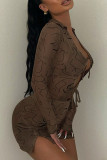 Khaki Sexy Print Hollowed Out Patchwork Frenulum See-through Asymmetrical Collar Pencil Skirt Dresses
