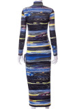 Colour Sexy Striped Print Hollowed Out Patchwork Half A Turtleneck One Step Skirt Dresses
