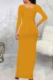 Yellow Casual Solid Patchwork U Neck One Step Skirt Dresses