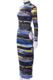 Colour Sexy Striped Print Hollowed Out Patchwork Half A Turtleneck One Step Skirt Dresses