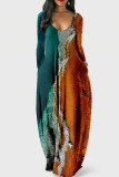 Fuchsia Casual Print V Neck Long Sleeve Dresses