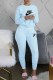 Light Blue Casual Print Letter O Neck Long Sleeve Two Pieces