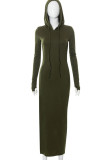Army Green Casual Solid Patchwork Slit Zipper Hooded Collar One Step Skirt Dresses