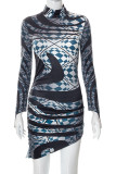 Blue Black Sexy Print Patchwork Asymmetrical Half A Turtleneck Pencil Skirt Dresses