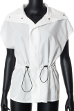White Casual Solid Draw String Turndown Collar Tops