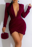 Blue Sexy Solid Patchwork V Neck Pencil Skirt Dresses