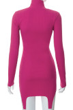 Deep Blue Casual Solid Patchwork Asymmetrical Turtleneck Pencil Skirt Dresses