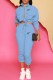 Light Blue Street Print Patchwork Mandarin Collar Long Sleeve Two Pieces
