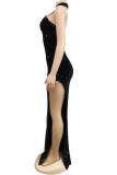 Black Sexy Formal Patchwork Bandage See-through Backless Slit Halter Evening Dress