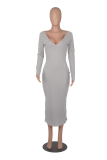 Red Casual Solid Patchwork V Neck Pencil Skirt Dresses