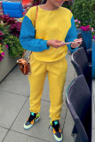 Yellow Casual Solid Patchwork O Neck Long Sleeve Two Pieces