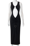 Black Sexy Solid Hollowed Out V Neck Pencil Skirt Dresses