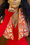 Orange Casual Print Patchwork Zipper Zipper Collar Outerwear