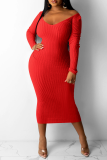 Red Casual Solid Patchwork V Neck Pencil Skirt Dresses