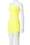 Yellow Sexy Solid Fold One Shoulder Pencil Skirt Dresses