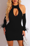 Red Sexy Solid Hollowed Out Backless Halter Long Sleeve Dresses (With Sleeves)